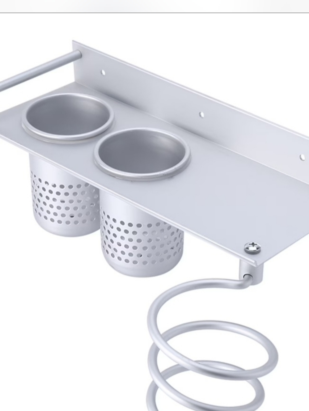 Metal Wall Organizer with Double Cup Holders and Spiral Hook - Silver